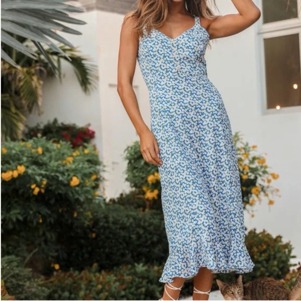 Lulu's Daisy Print Blue and White Dress